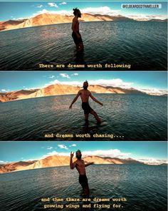 a man standing on top of a body of water next to the ocean with words above it