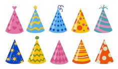 a set of party hats with different designs and colors on them, all in the same pattern