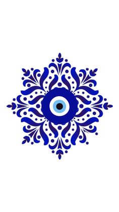 an evil eye is in the center of a blue and white pattern on a white background