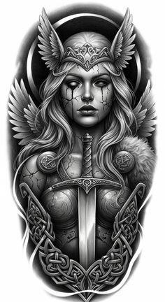 Viking Skull Art, Greek Goddess Tattoo, Valkyrie Norse, Warrior Tattoo Sleeve, Valkyrie Tattoo, Zeus Tattoo, Tatuagens Viking, Goddess Tattoo, Female Warrior Tattoo