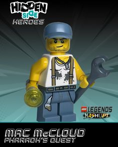 a lego man holding a wrench and wearing a helmet with words above it that read,'mac mccloud pharaoh quest