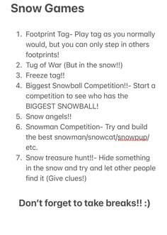 the snow games list is shown with instructions for how to play them and how to use them