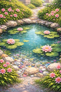 a painting of water lilies and rocks in a garden