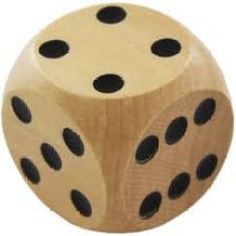 a wooden dice with black dots on it