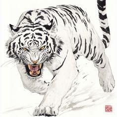 a drawing of a white tiger with it's mouth open