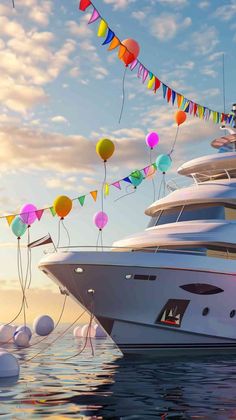 a large white boat floating on top of the ocean next to balloons and streamers