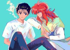 two anime characters sitting next to each other