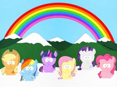 a group of cartoon characters standing in front of a rainbow
