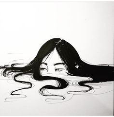 a drawing of a woman's head with long hair floating in the water and her eyes closed