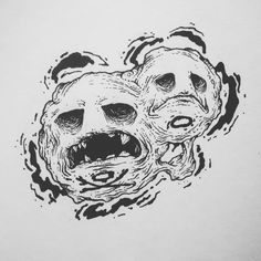 a black and white drawing of two faces with their mouths open in the shape of a heart