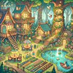 a painting of a fairy tale with lots of houses and trees in the woods, surrounded by water