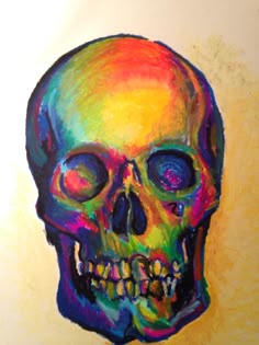 a painting of a colorful skull on a yellow background