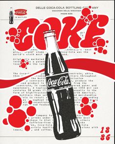 an advertisement for coca cola is shown in red and black with bubbles on the side