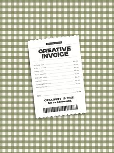 a green and white checkered table cloth with a ticket for creative invoice