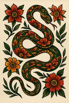 a drawing of a snake with flowers on it