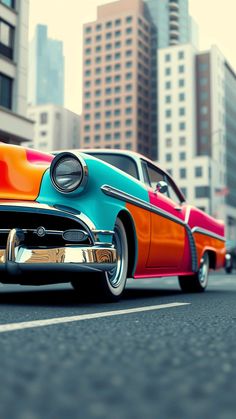 an old fashioned car is driving down the street in front of tall buildings and skyscrapers