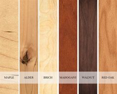 the different types of wood that are available in various colors and sizes, including red oak, maple, alder, mahogany, walnut, white oak