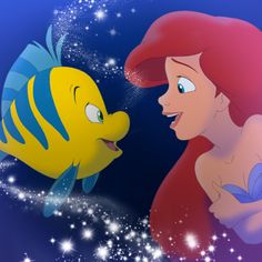 the little mermaid and the fish are talking to each other in front of some stars