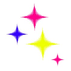 three different colored stars on a white background