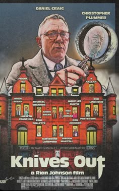 a movie poster for knives out with an older man holding a magnifying glass