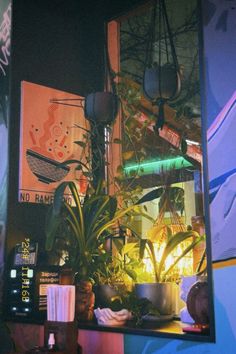 there is a mirror that has plants on it and lights in the corner behind it