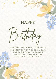a happy birthday card with flowers and greenery on the front, in green and yellow colors