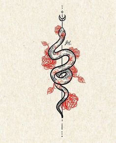 a drawing of a snake with roses on it's tail and an arrow in the middle