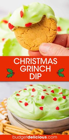 Need an easy Christmas dip? This no cook 6 ingredient Grinch dip is a fun and festive Christmas appetizer, dessert or snack thats comes together in less than 10 minutes. Great as a part of Christmas dessert board, tree decorating party, or when watching the How the Grinch Stole Christmas movie.rnThis cream cheese make ahead dip is a great appetizer, snack, cold party dip, dessert for Christmas Holiday parties and Christmas parties. Get the Grinch Dessert Dip #christmas #dip #grinch #appetizer Ugly Sweater Snacks, Grinch Party Food Easy Recipes, Grinch Cookie Dip, Grinch Dip Stole Christmas, Easy Grinch Themed Snacks, Grinch Dessert Dip, Christmas Grinch Dip, The Grinch Dip, Grinch Dip Cream Cheeses