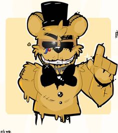 a cartoon bear wearing a top hat and bow tie giving the peace sign with his hand