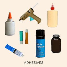 there are many different items that can be found in this image, including glue, paint and other things