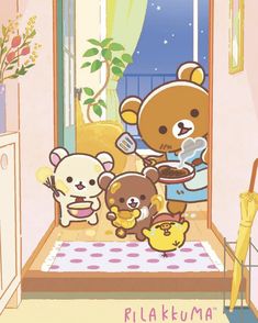 there is a bear and two other animals in the room with flowers on the window sill