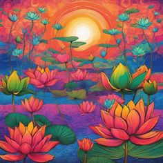 a painting of water lilies with the sun in the background