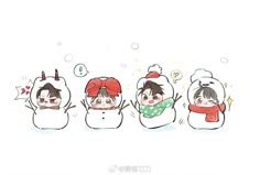 three snowmen with hats and scarves are standing in front of the same one