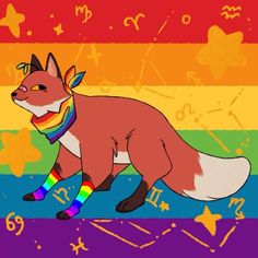 a red fox with a rainbow collar and socks on is standing in front of a multicolored background
