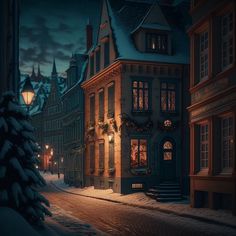 a snowy night in an old european town