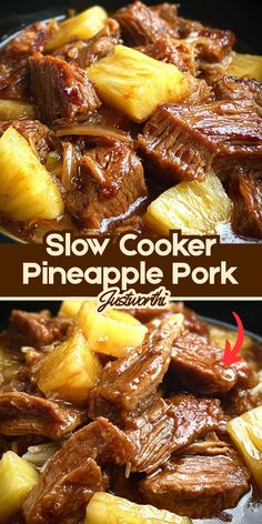 slow cooker pineapple pork recipe is shown in two different pictures with the title above it