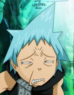 an anime character with blue hair and black shirt