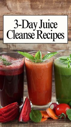 3 day juice cleanse recipes on a wooden table with fresh fruit and veggies
