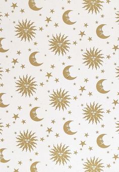 a white and gold wallpaper with stars and moon designs on the bottom half of it