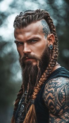 Viking With Braids, Viking Braids For Men, Men's Viking Braids, Viking Men Braids, Viking Braids Men, Vikings Braids Men, Viking Hair Men, Viking Hairstyle, Viking Hairstyles