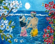 a painting of two people standing in the water with flowers on their head and one holding a flower