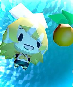 an animated character floating in the water next to some oranges and lemons on a blue background