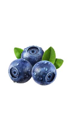 three blueberries with green leaves on top