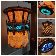 several pictures of an old fashioned light fixture with blue and yellow lights in the shape of eyeballs
