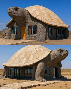 two pictures of a turtle house in the desert