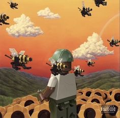 a lego man standing in front of a painting with many planes flying above him and looking at the ground below