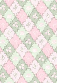 a pink and green checkered pattern with flowers
