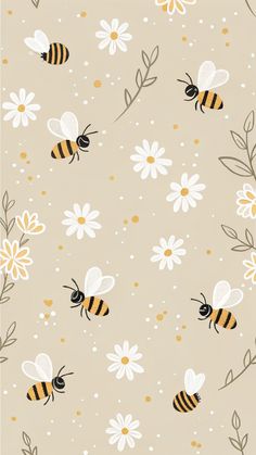 bees and daisies on a beige background