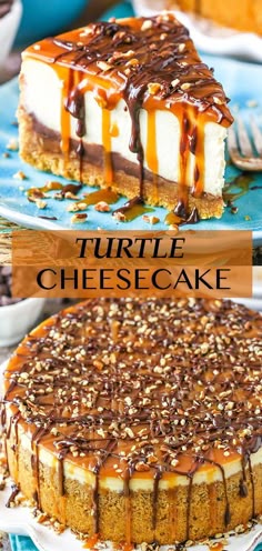 a cheesecake topped with chocolate and caramel drizzled on the top