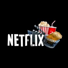 the netflix logo is shown with popcorn, soda and filmstrips on black background
